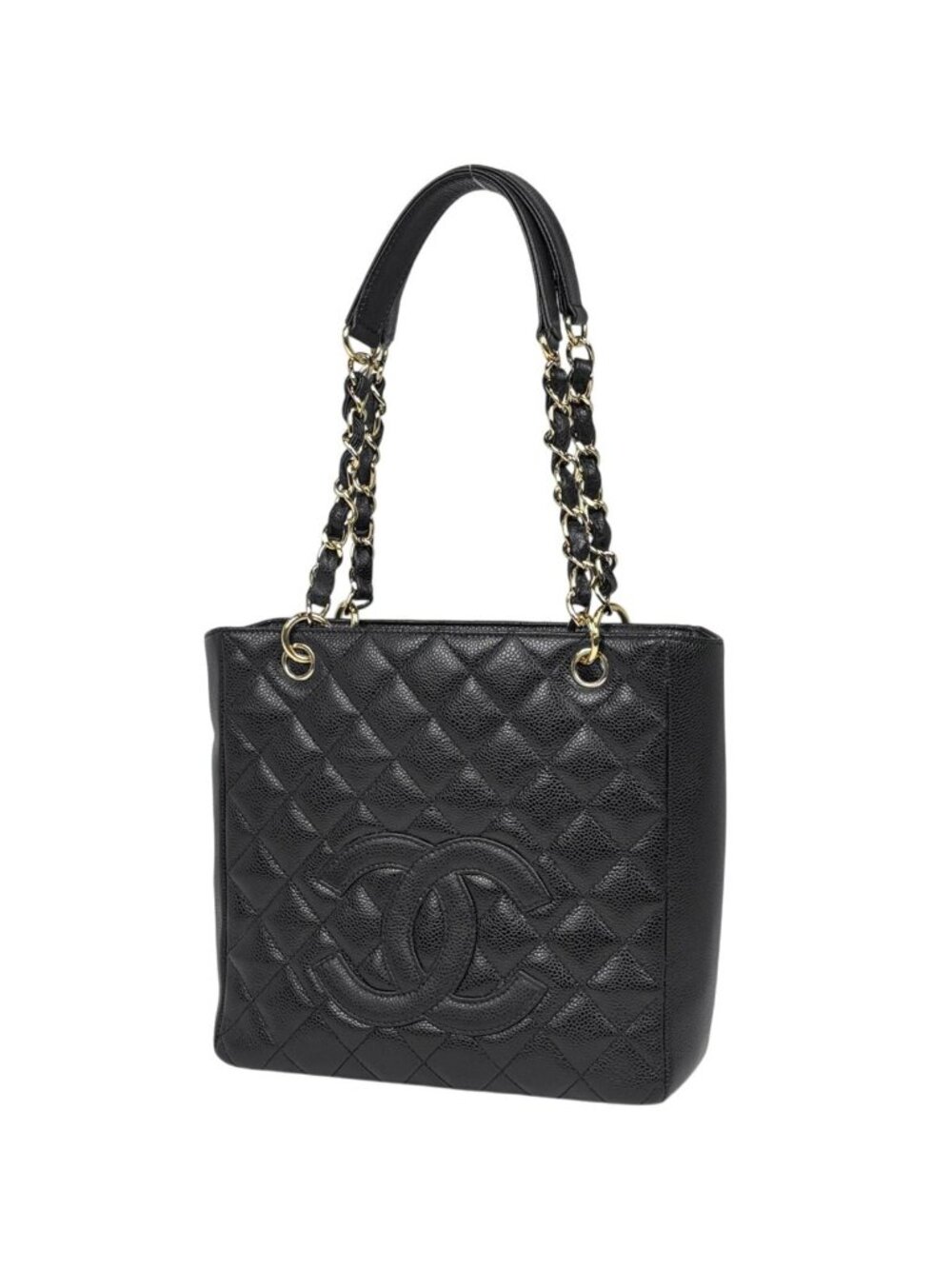 Chanel CC Logo Chain Tote Shoulder Bag Quilted Petite Shopping PST Bag Caviar